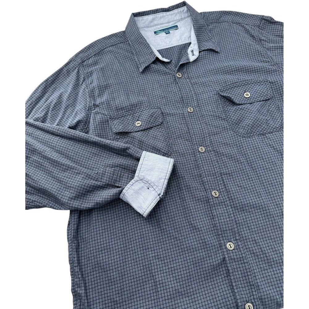 SHORE Button Down Shirt Navy Blue European Brushed Cotton Check Men's XL